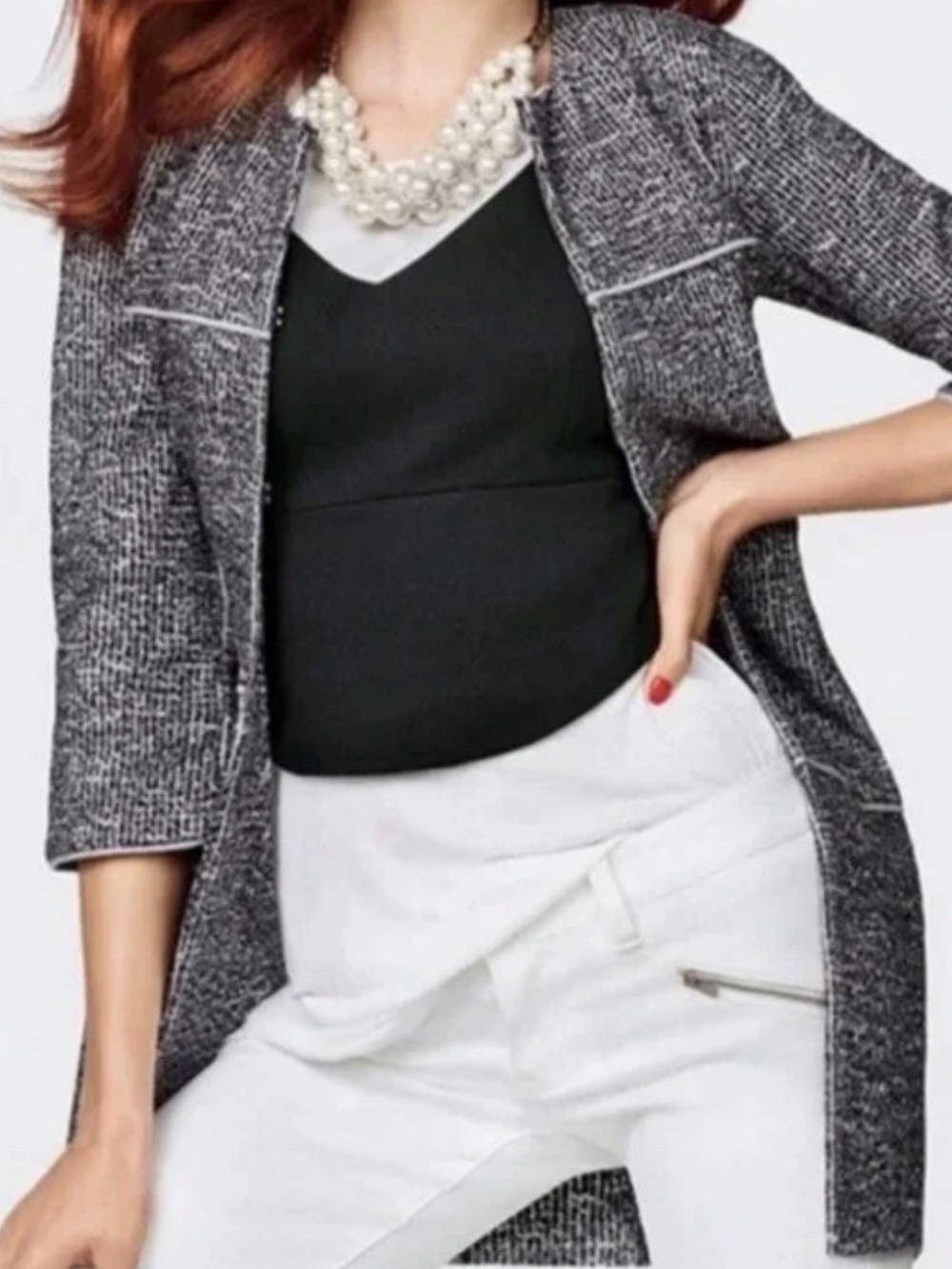 CAbi Black and Gray Textured Open-Front Cardigan with White Trim